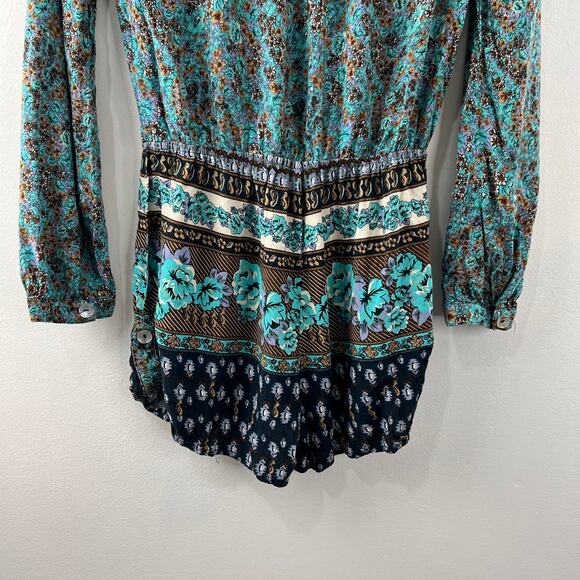 MIMI CHICA Turquoise Floral Print Roll Tab Sleeve V-Neck Button Down Romper Sz S - Picture 5 of 8